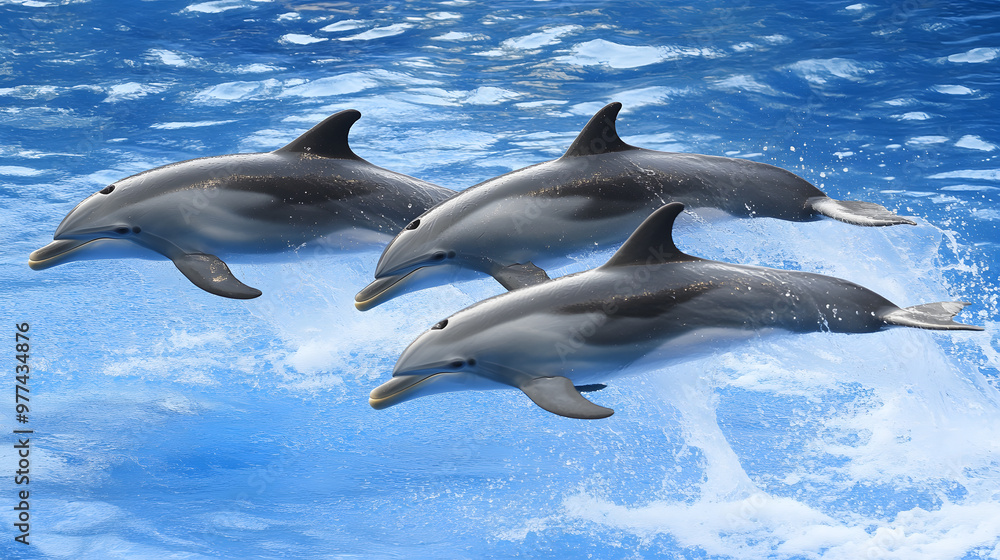 Obraz premium A pod of playful dolphins leaps joyfully through the crystal-clear, azure sea, their sleek bodies glistening in the sunlight