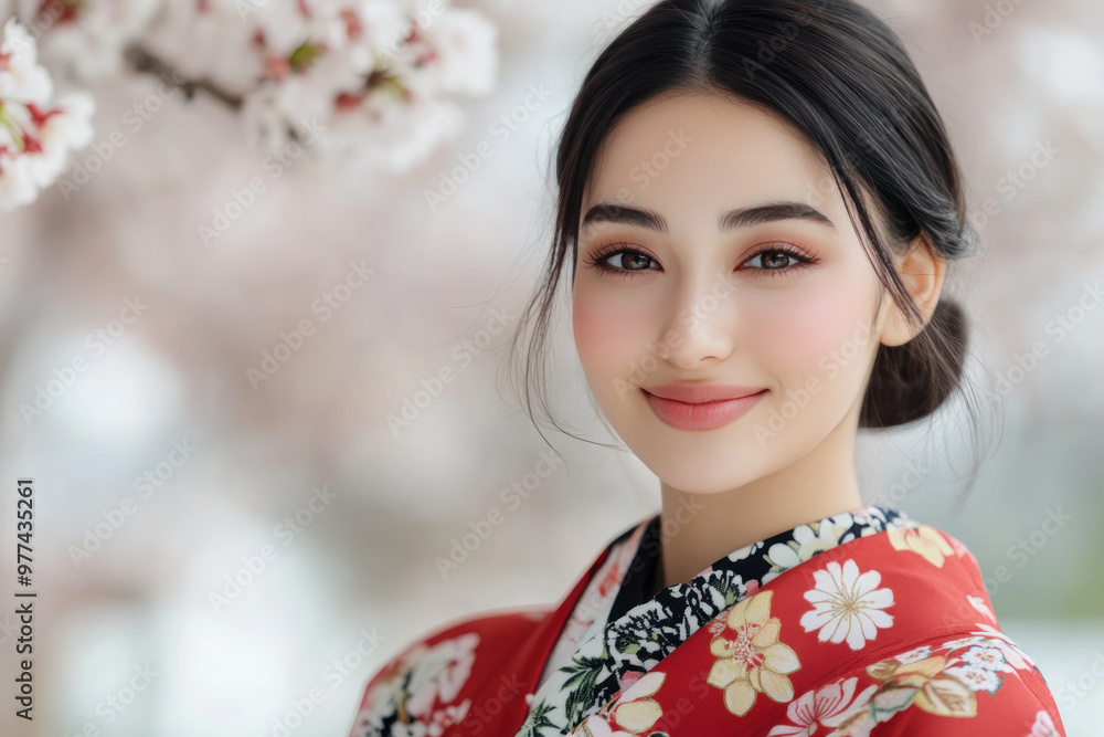 Arabian woman wearing japanese kimono with cherry blossom background Arabian woman wearing japanese kimono with cherry blossom background