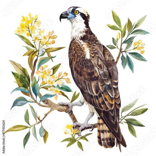 Osprey Floral Hand-drawn Watercolor Illustration Isolated