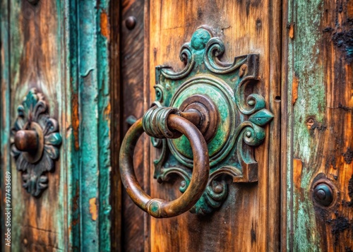 A weathered oxidized bronze door handle adorns a rustic wooden entrance, showcasing a beautiful blend of earthy tones and subtle verdigris patina. photo