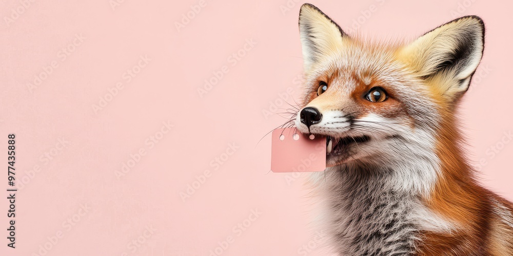 Obraz premium Curious Fox Playfully Biting Discount Tag in Soft Pink Background