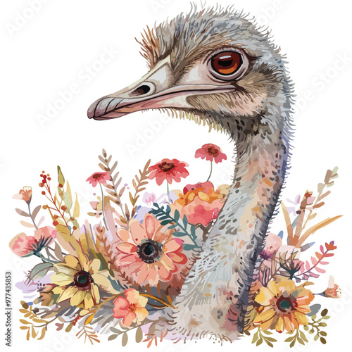 Elegant Ostrich Floral Watercolor Illustration