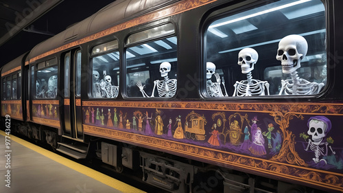 A ghostly train travels through different time periods, with skeleton passengers in festive attire waving from the windows. Day of the dead concept