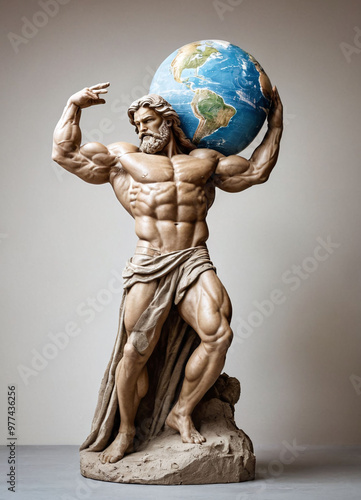 atlas statue holding rounded earth in the hands, on the head, concrete classic statue that express strength, isolated in light grey background
