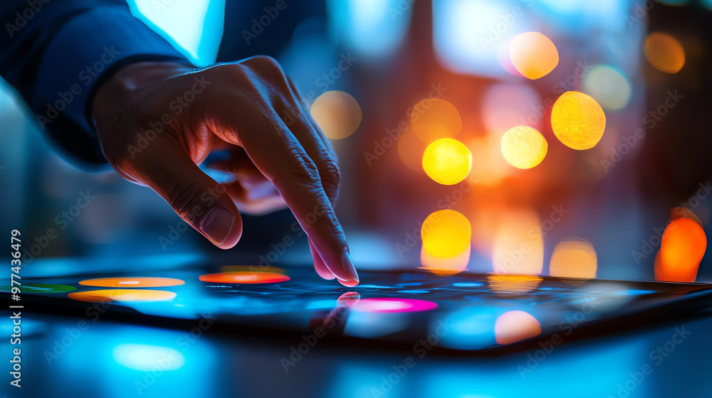 A close-up of a hand interacting with a vibrant touchscreen in a blurry, illuminated background.