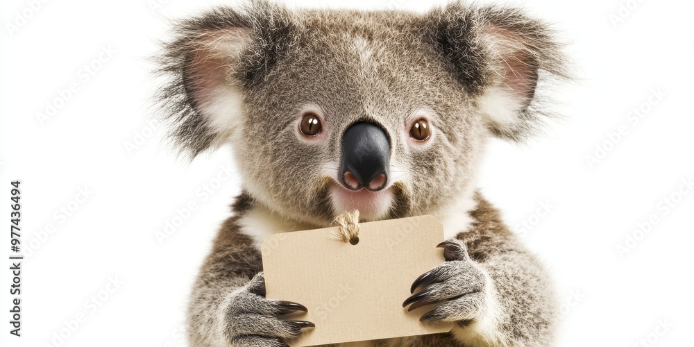 Naklejka premium Adorable Koala Bear Clutching Discount Tag Isolated on White Background