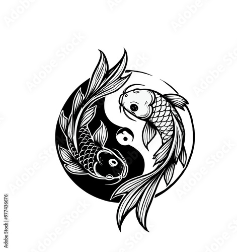 koi fish yin and yang silhouettes illustration graphic design black and white vector clip art