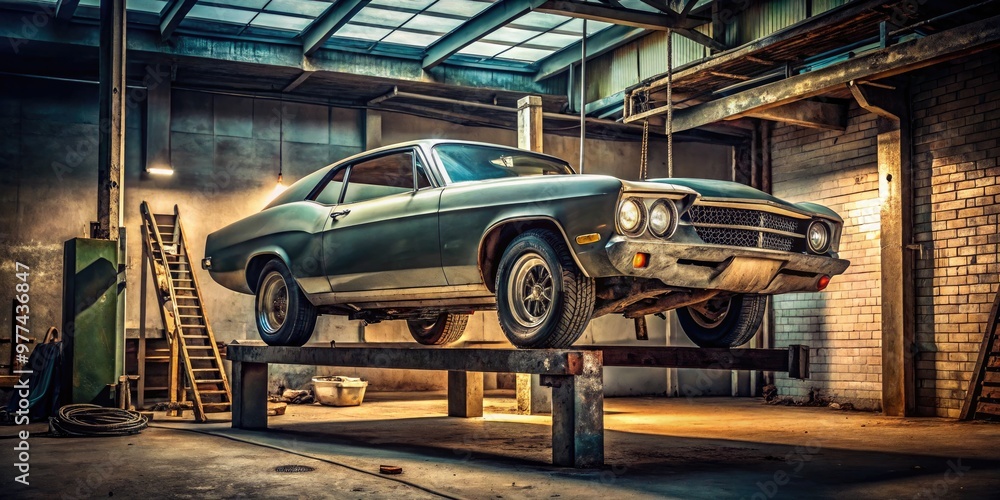 A worn-out classic American muscle car sits on a hydraulic lift in a dimly lit garage, awaiting restoration and repair by a skilled mechanic. A worn-out classic American muscle car sits on a hydraulic lift in a dimly lit garage, awaiting restoration and repair by a skilled mechanic.