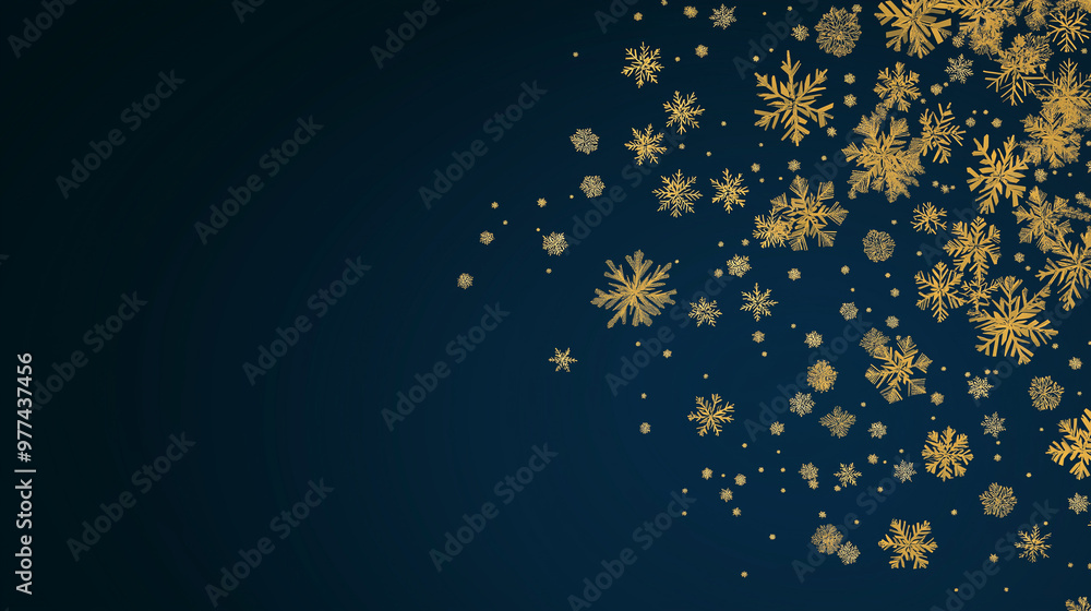Golden snowflakes on a dark blue background, winter decoration, elegant design, copy space Golden snowflakes on a dark blue background, winter decoration, elegant design, copy space