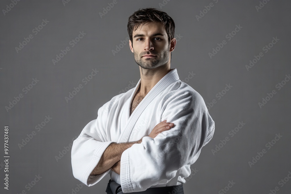 A man in a white karate uniform stands with his arms crossed, generative ai image A man in a white karate uniform stands with his arms crossed, generative ai image