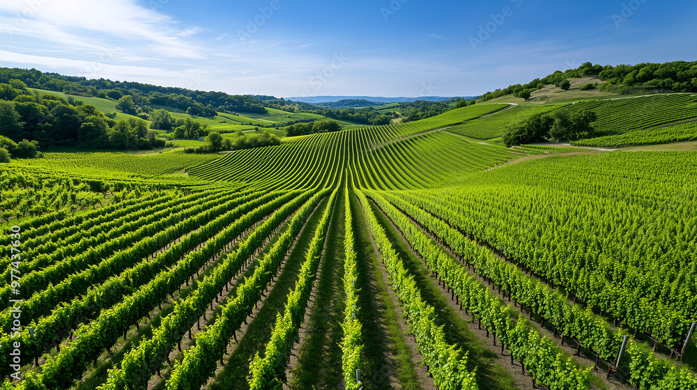 Aerial View of Lush Green Vineyard Rows on a Sunny Day Aerial View of Lush Green Vineyard Rows on a Sunny Day