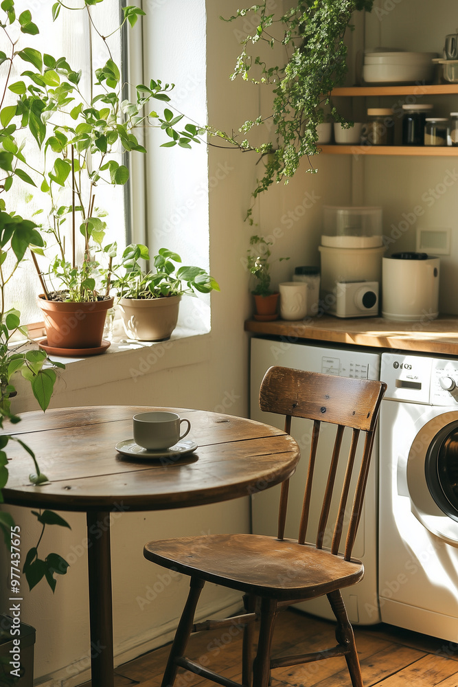 a serene and visually appealing kitchen corner in an apartment, blending Japandi style with practicality, and incorporating the washing machine seamlessly into the space. a serene and visually appealing kitchen corner in an apartment, blending Japandi style with practicality, and incorporating the washing machine seamlessly into the space.