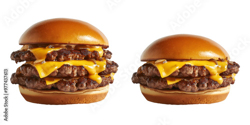 A set of triple and double beef patty cheese burger with brioche buns, isolated against a transparent background