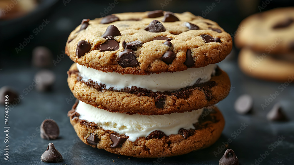 Delicious chocolate chip cookie sandwich with creamy ice cream, perfect treat for dessert lovers and snack enthusiasts. Delicious chocolate chip cookie sandwich with creamy ice cream, perfect treat for dessert lovers and snack enthusiasts.