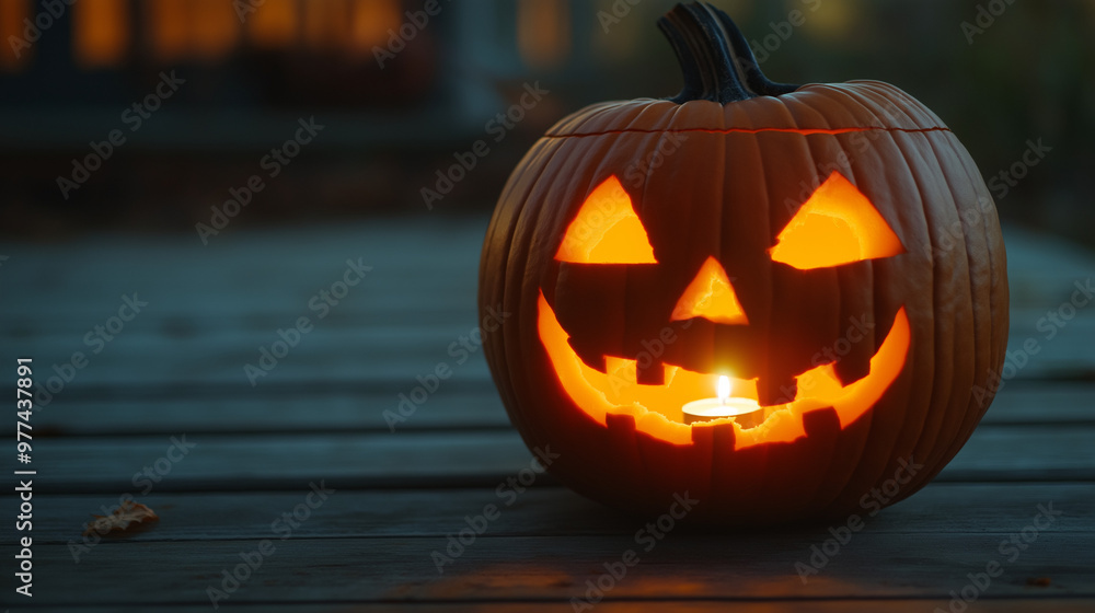close up of a jack-o-lantern with a candle glowing inside it, Halloween close up of a jack-o-lantern with a candle glowing inside it, Halloween