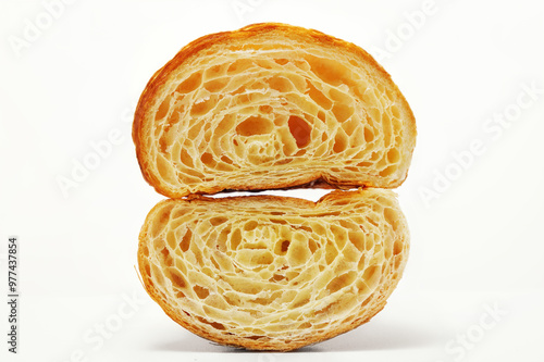 Two halves of a croissant on a white background