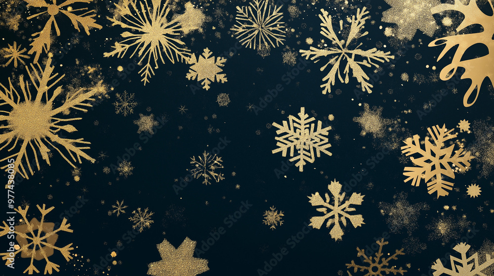 Golden snowflakes and glitter on a dark blue background, winter decoration, festive design, copy space Golden snowflakes and glitter on a dark blue background, winter decoration, festive design, copy space