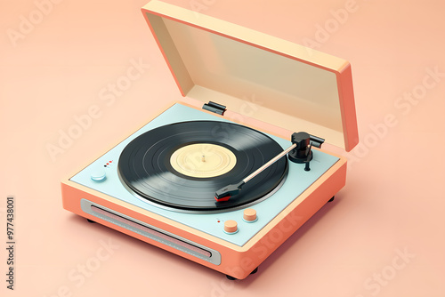 A 3D render features a vintage record player in pastel colors, showcasing intricate details. The vinyl disc rests on the turntable, set against a minimalist pastel background