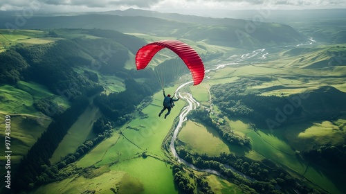 A parachutist flies on a parachute over fields, forests and rivers