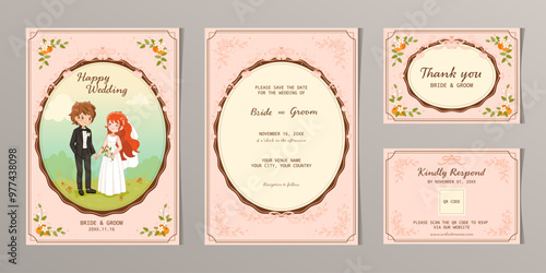 Wedding invitation card template set featuring a cute cartoon bride and groom with mandarins or oranges frame on a pink background