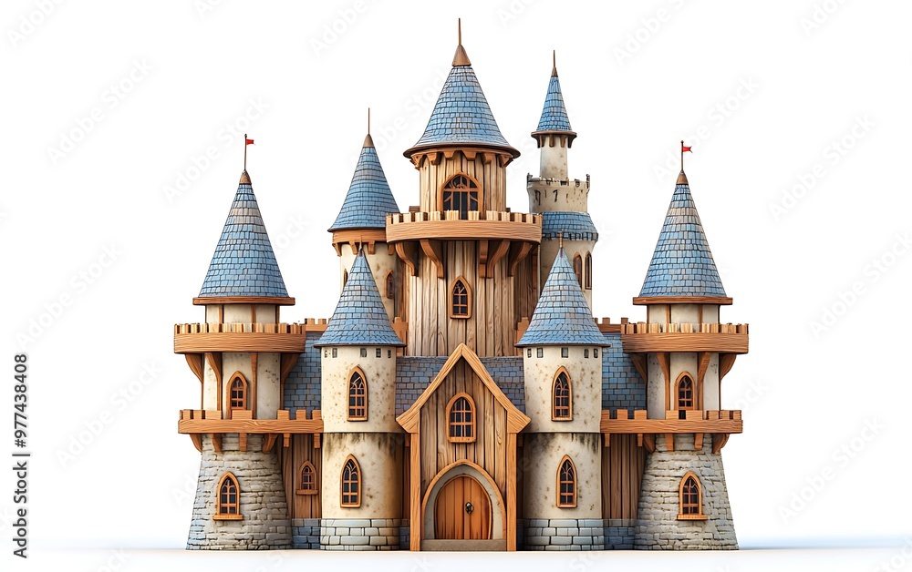 Obraz premium Enchanting Cartoon Style Wooden Fantasy Castle Model - 3D Rendering with Whimsical Turrets and Colorful Details on White Background