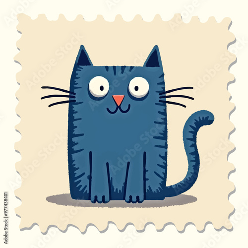 A playful blue cat sits with big eyes and a cheerful expression, capturing attention instantly