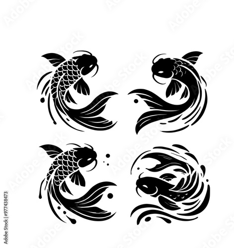 koi fish yin and yang silhouettes illustration graphic design black and white vector clip art