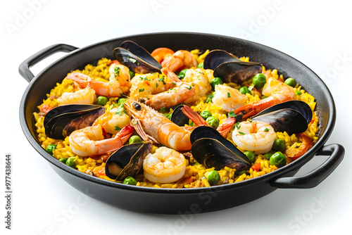 Aromatic seafood paella in dark pan isolated on white background