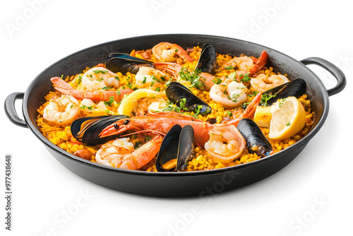 Aromatic seafood paella in dark pan isolated on white background