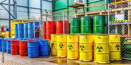 Brightly colored toxic waste drums with hazard symbols and warning labels stored in a secure, fenced area with caution signs and industrial equipment surrounding. photo