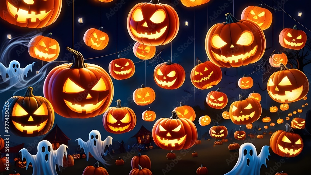 Spooky Halloween scene with glowing jack-o'-lanterns and floating ghosts. Perfect festive backdrop for autumn celebrations, parties, and seasonal decor inspiration Spooky Halloween scene with glowing jack-o'-lanterns and floating ghosts. Perfect festive backdrop for autumn celebrations, parties, and seasonal decor inspiration