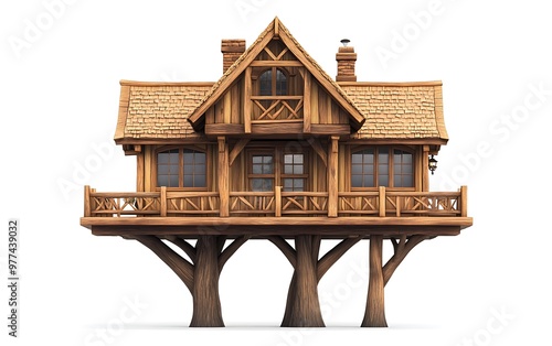 Enchanting Wooden Fantasy Treehouse - Cartoon Style 3D Render Front View with Cozy Windows and Intricate Woodwork on White Background