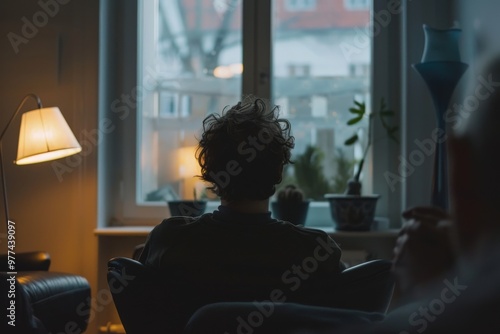 A woman is sitting in a chair in a room with a potted plant, generative ai image