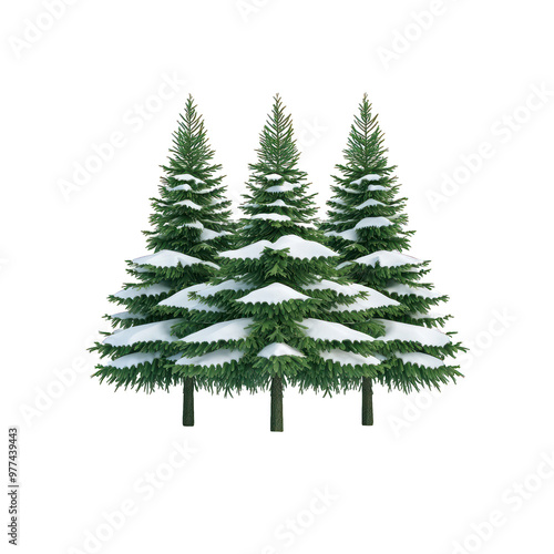 Snow-covered evergreen trees in a winter landscape, providing a serene and picturesque scene for seasonal themes. transparent background