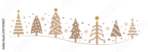 Collection of beige Christmas trees and golden Stars in different design - vector illustration