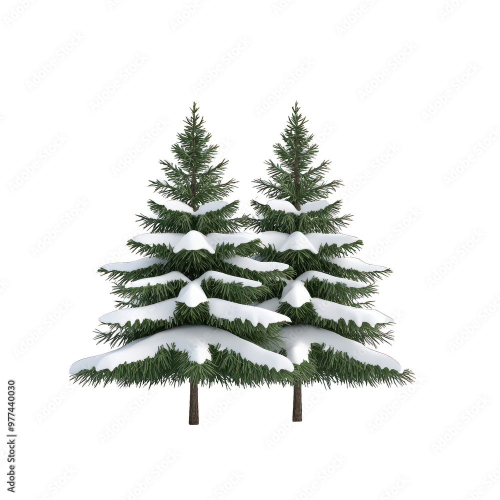Obraz premium A serene winter scene featuring two snow-covered evergreen trees, perfect for holiday themes and seasonal decorations. transparent background