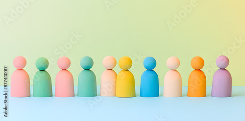 Wooden figures in various colors, symbolizing teamwork, stand together against a pastel background