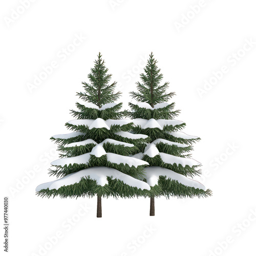 A serene winter scene featuring two snow-covered evergreen trees, perfect for holiday themes and seasonal decorations. transparent background