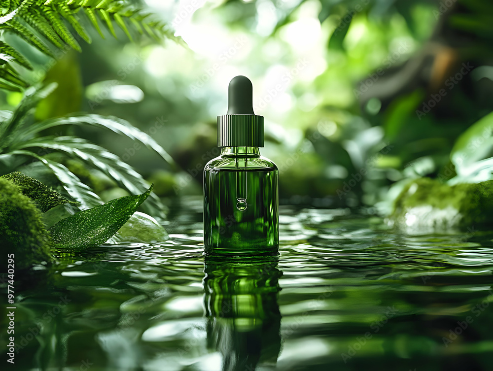 A green serum bottle resting on calm water amidst lush greenery, symbolizing nature and beauty for skincare enthusiasts. A green serum bottle resting on calm water amidst lush greenery, symbolizing nature and beauty for skincare enthusiasts.