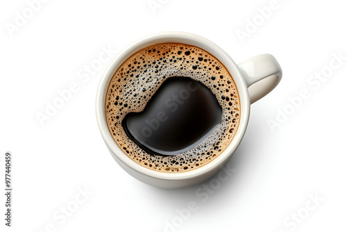 coffee cup isolated on a white background, coffee cup/mug with hot black coffee, isolated design element, top view	
