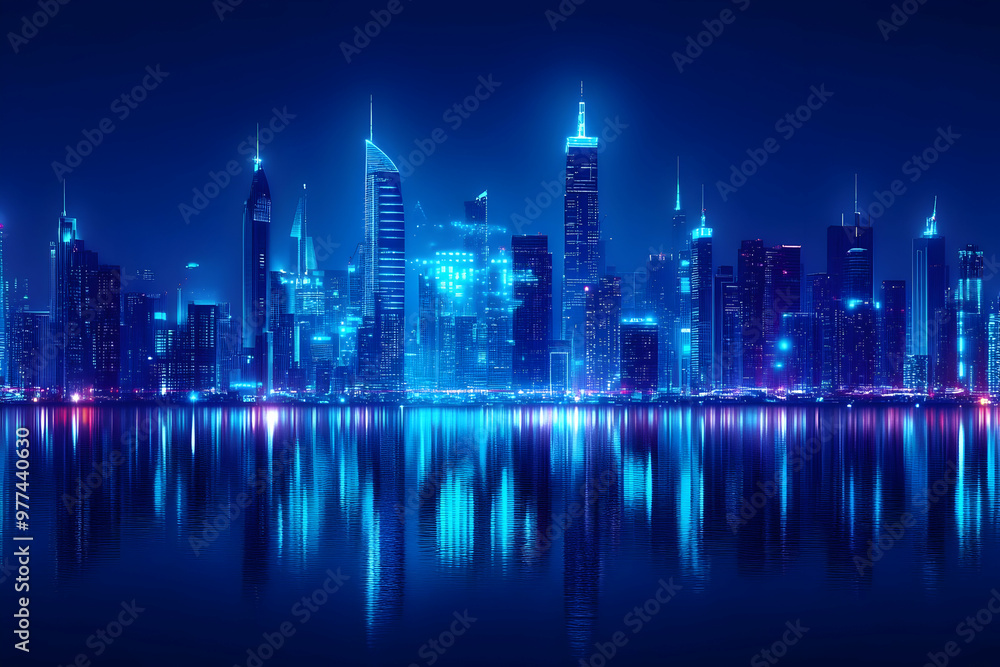 Stunning night cityscape featuring modern skyscrapers illuminated in blue light, reflecting on the water for a captivating view. Stunning night cityscape featuring modern skyscrapers illuminated in blue light, reflecting on the water for a captivating view.