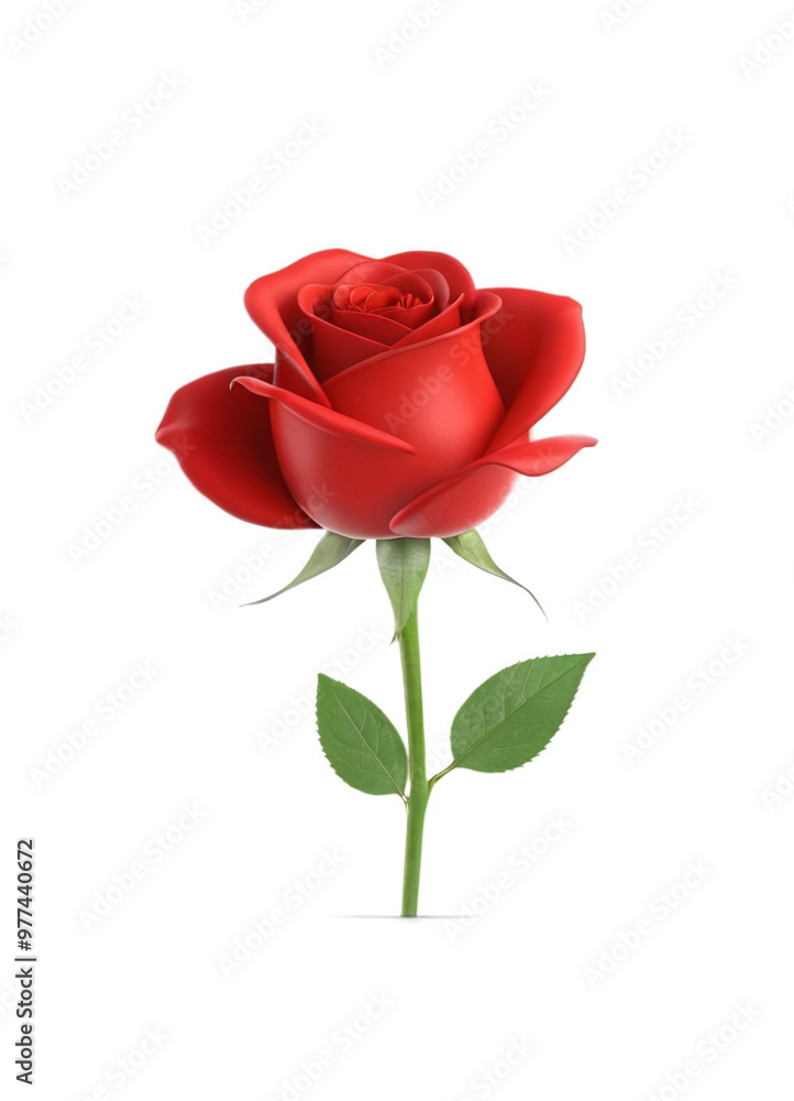 Fototapeta premium simple semi 3D full bloom single red rose flower, isolated in white background