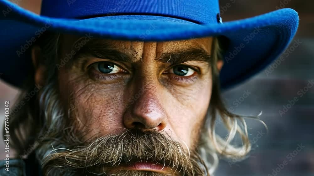 Captivating portrait of a rugged cowboy with a striking blue hat and intense gaze