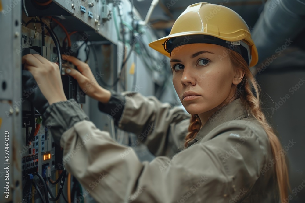 A woman in a yellow hard hat is working on a power box, generative ai image