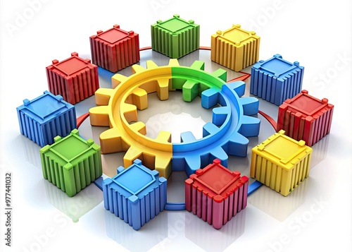 Colorful 3D illustration of interconnected gears, containers, and arrows forming a circular network, symbolizing efficient and streamlined logistics and supply chain management processes. photo