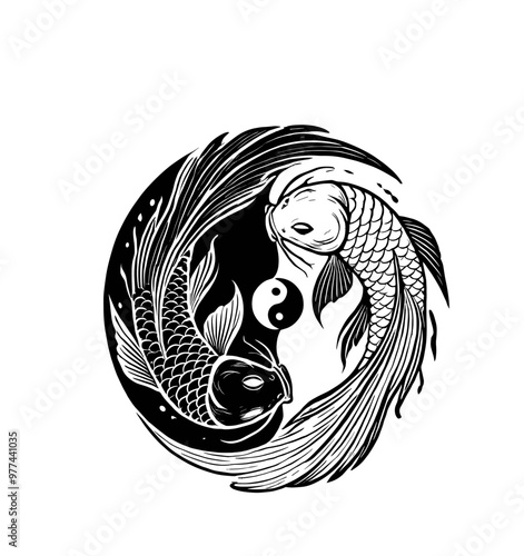 koi fish yin and yang silhouettes illustration graphic design black and white vector clip art