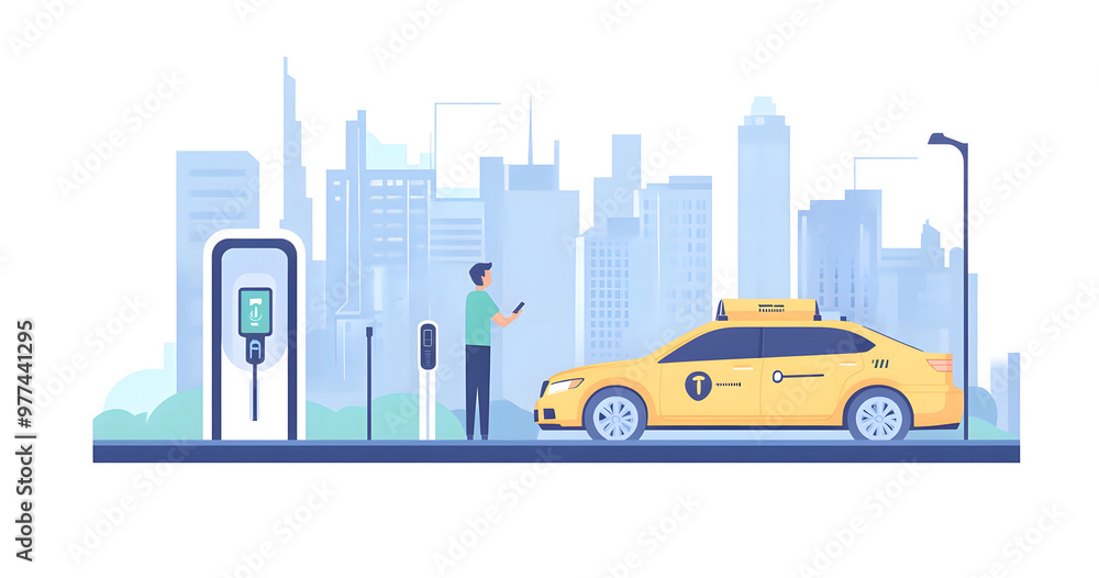 Obraz premium Electric Taxi Charging at a Station in a Modern City Environment