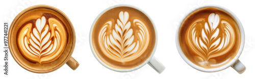 A set of coffee latte art, flat lay top down view, isolated against a transparent background