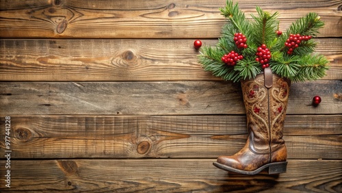 Christmas background with cowboy boot ornament on a rustic wooden background
