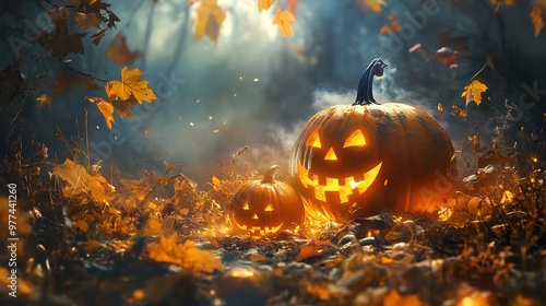 Background with eerie pumpkins glowing, surrounded by autumn leaves and fog photo